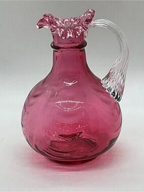 Fenton Handblown Cranberry Swirl Small Glass Pitcher with Clear Handle